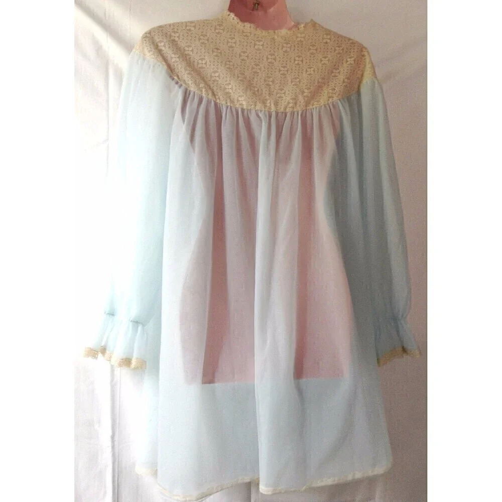Vtg Vanity Fair Women's Robe Dressing Gown Small Sheer Blue Double Chiffon